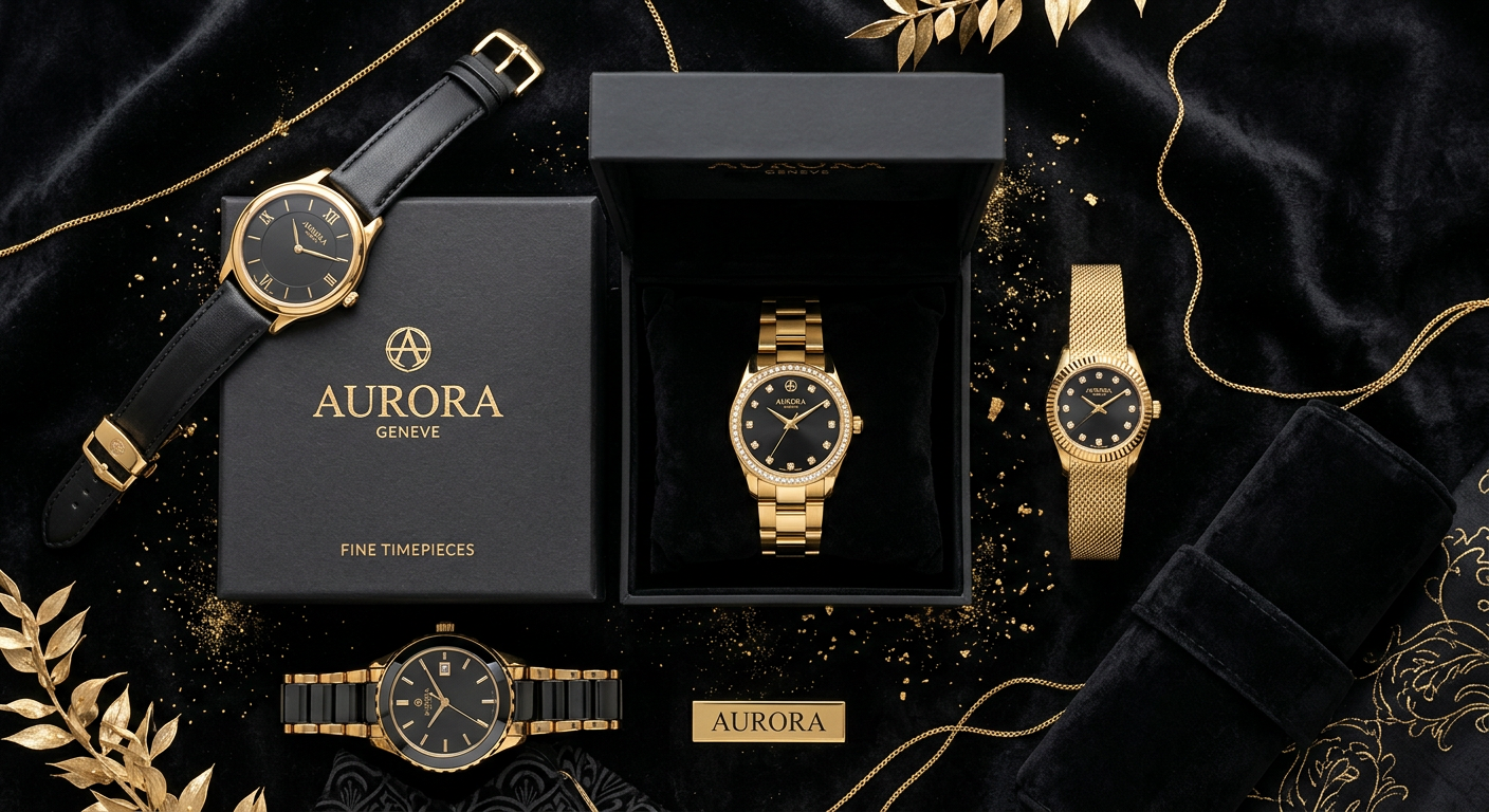 Koleksi jam tangan elegan Anora Mutiara Indah dengan tema emas dan hitam